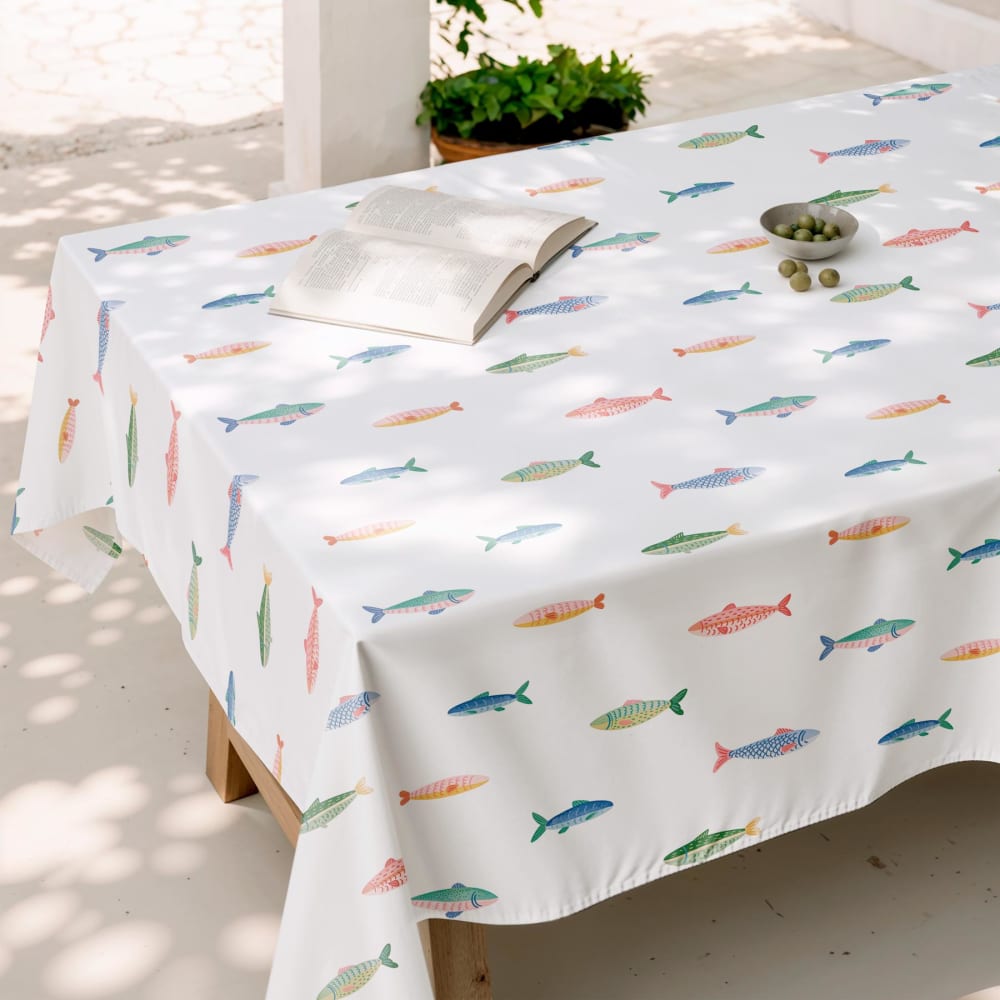 Fleckabweisende Baumwoll-Tischdecke mit buntem Fischmuster