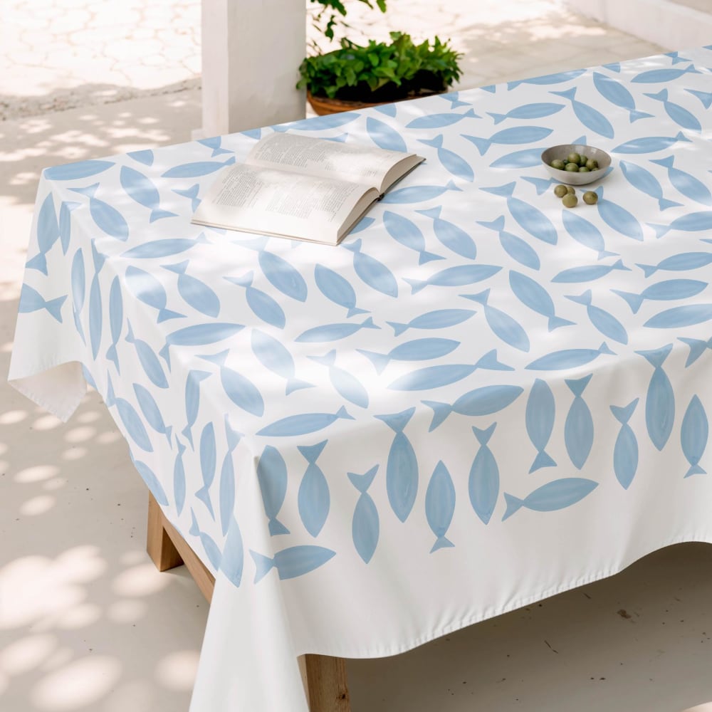 Mint Fleckabweisende Baumwoll-Tischdecke mit blauem Fischmuster 155x100 style modern - Baumwolle