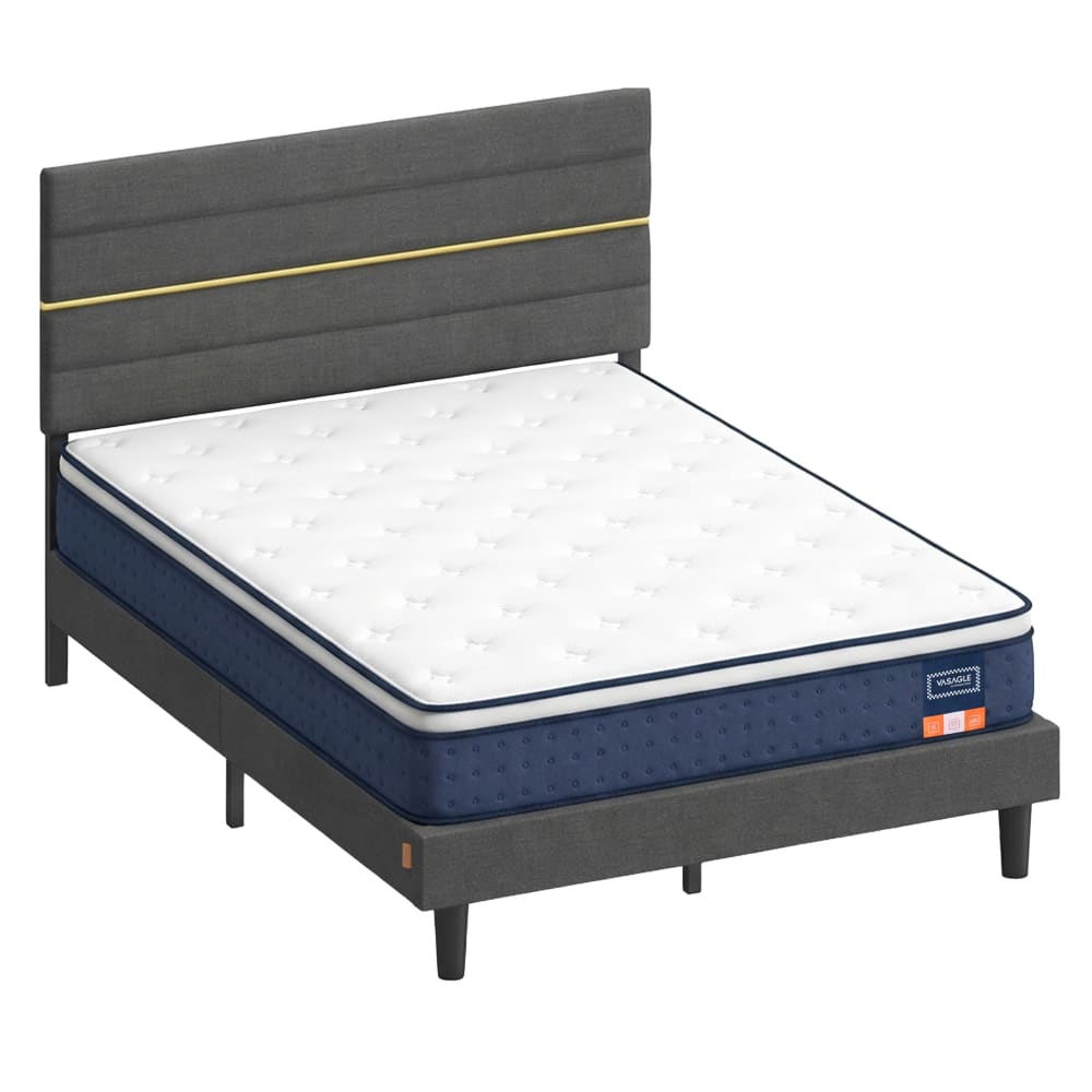 Lit double avec matelas 140 x 190cm tête de lit ajustable bleu et gris