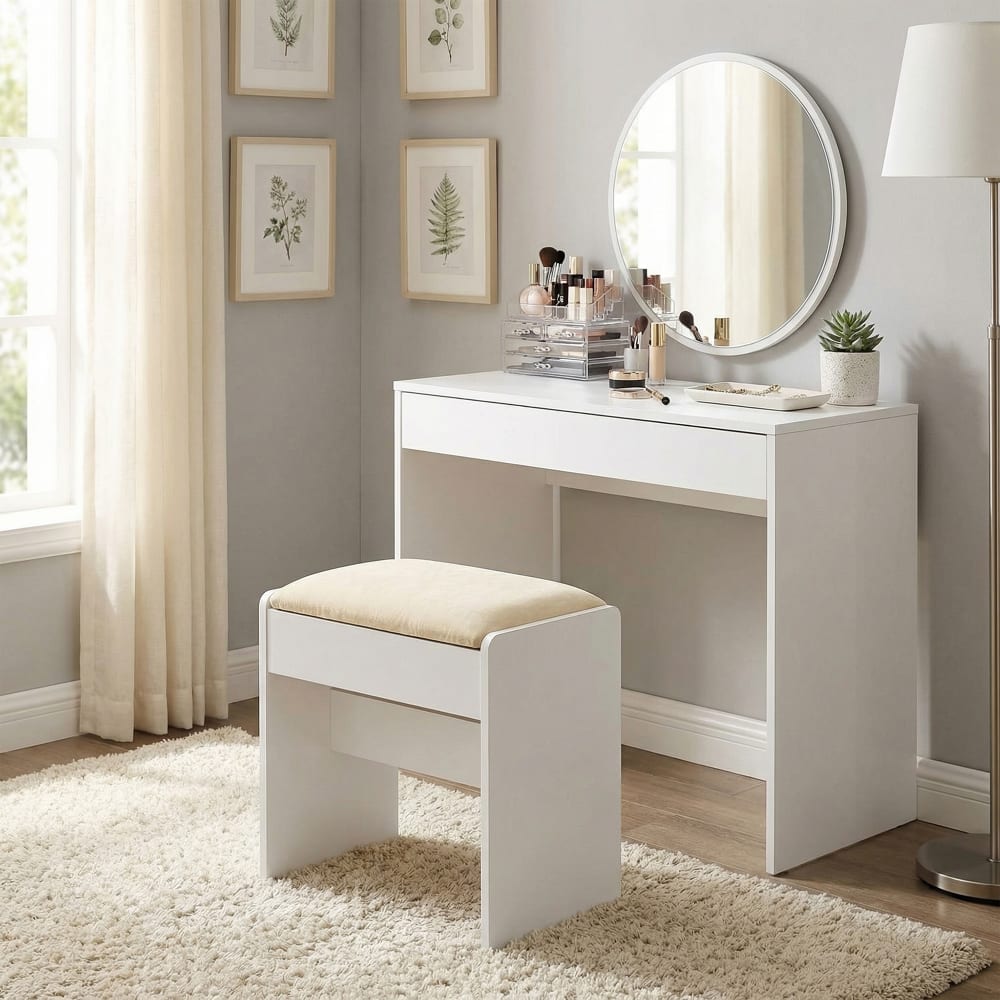 Tabouret de coiffeuse de maquillage rembourré en velours blanc
