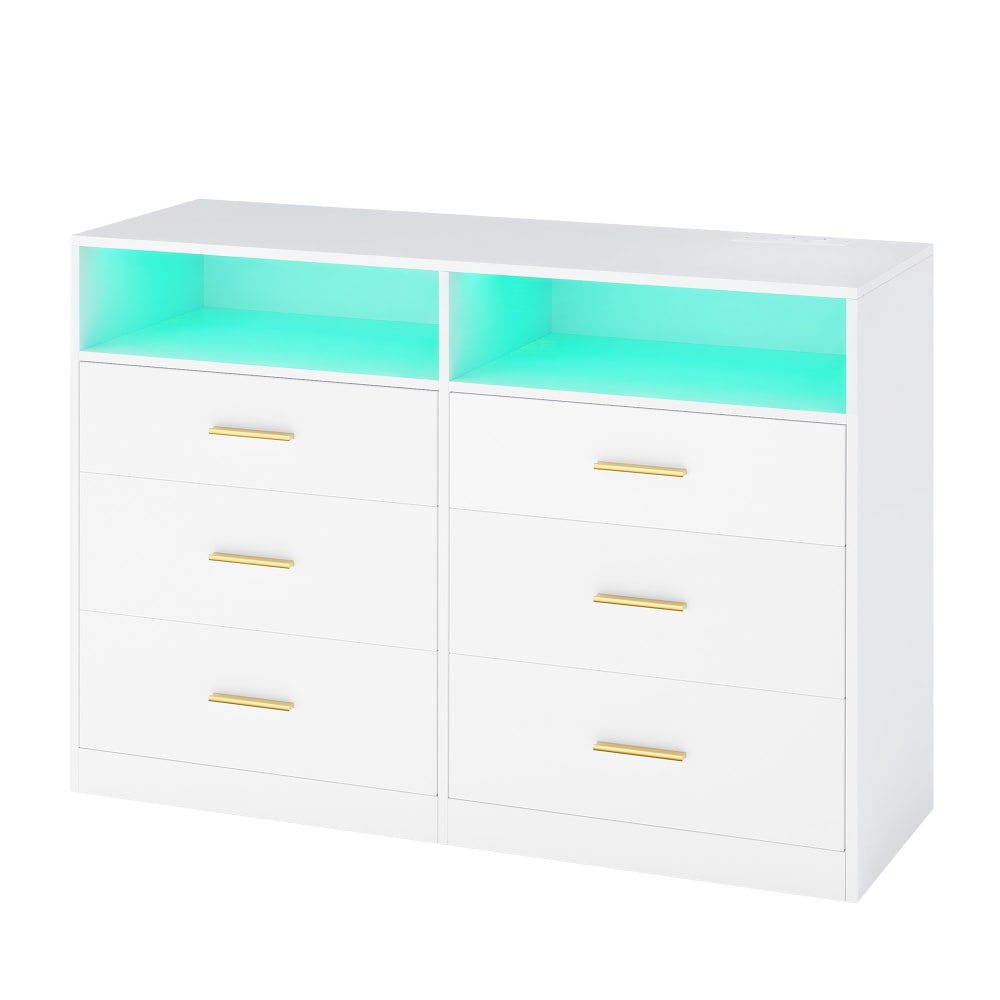Commode avec station de charge et éclairage led 6 tiroirs blanc