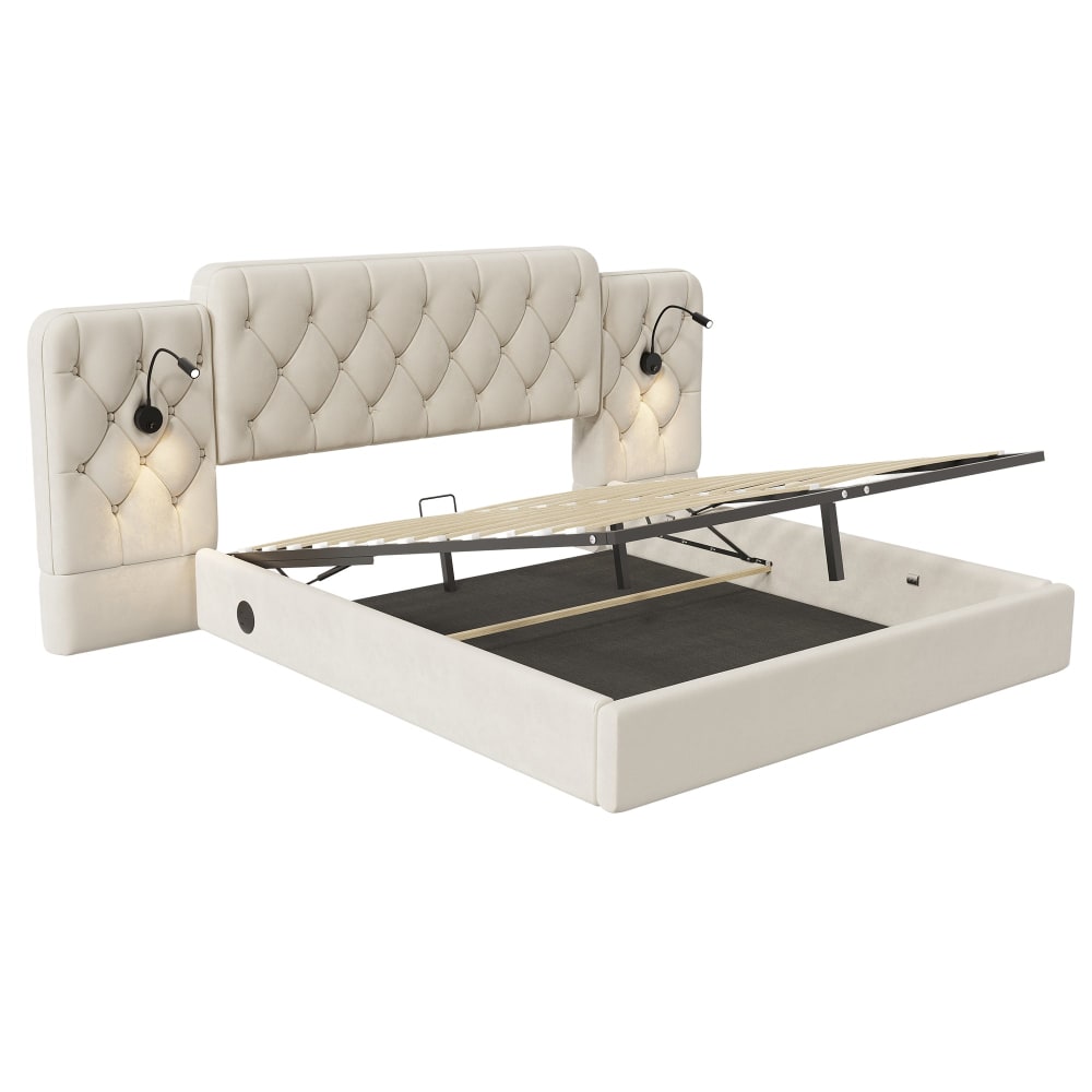 Lit coffre en velours beige grand tête de lit, porte USB et 2 lampes