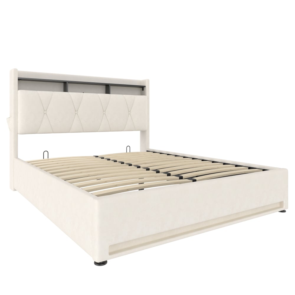 Lit coffre double velours beige avec éclairage LED, rangement et USB Lit coffre double velours beige avec éclairage LED, rangement et USB