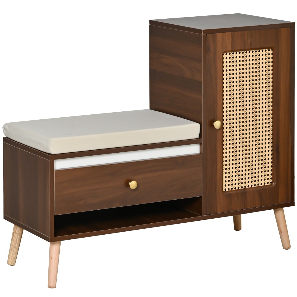 Banc à chaussures effet noyer en rotin avec coussin beige
