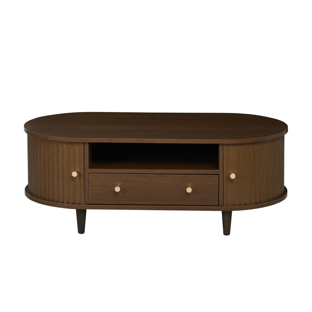 Table basse ovale vintage effet noyer avec tiroir et porte coulissante