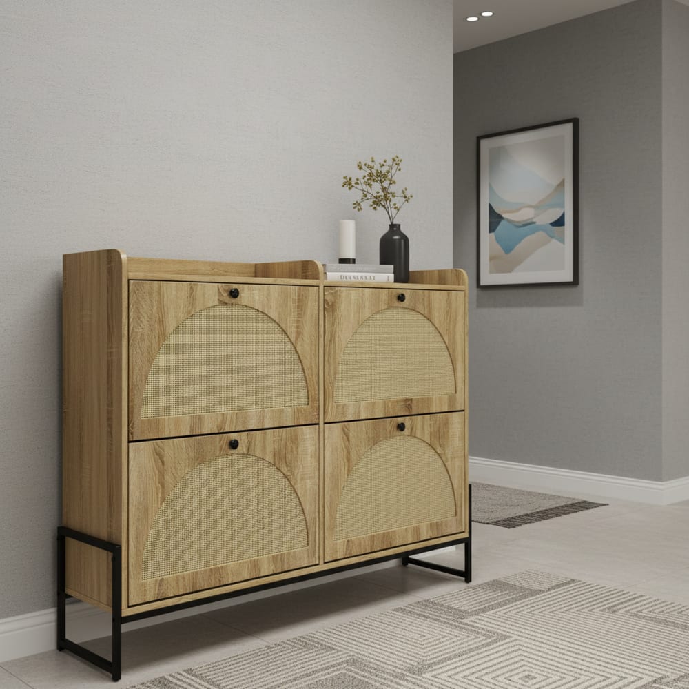 Schmaler Schuhschrank mit 4 Klapptüren, Holz, Beige - Maisons Du