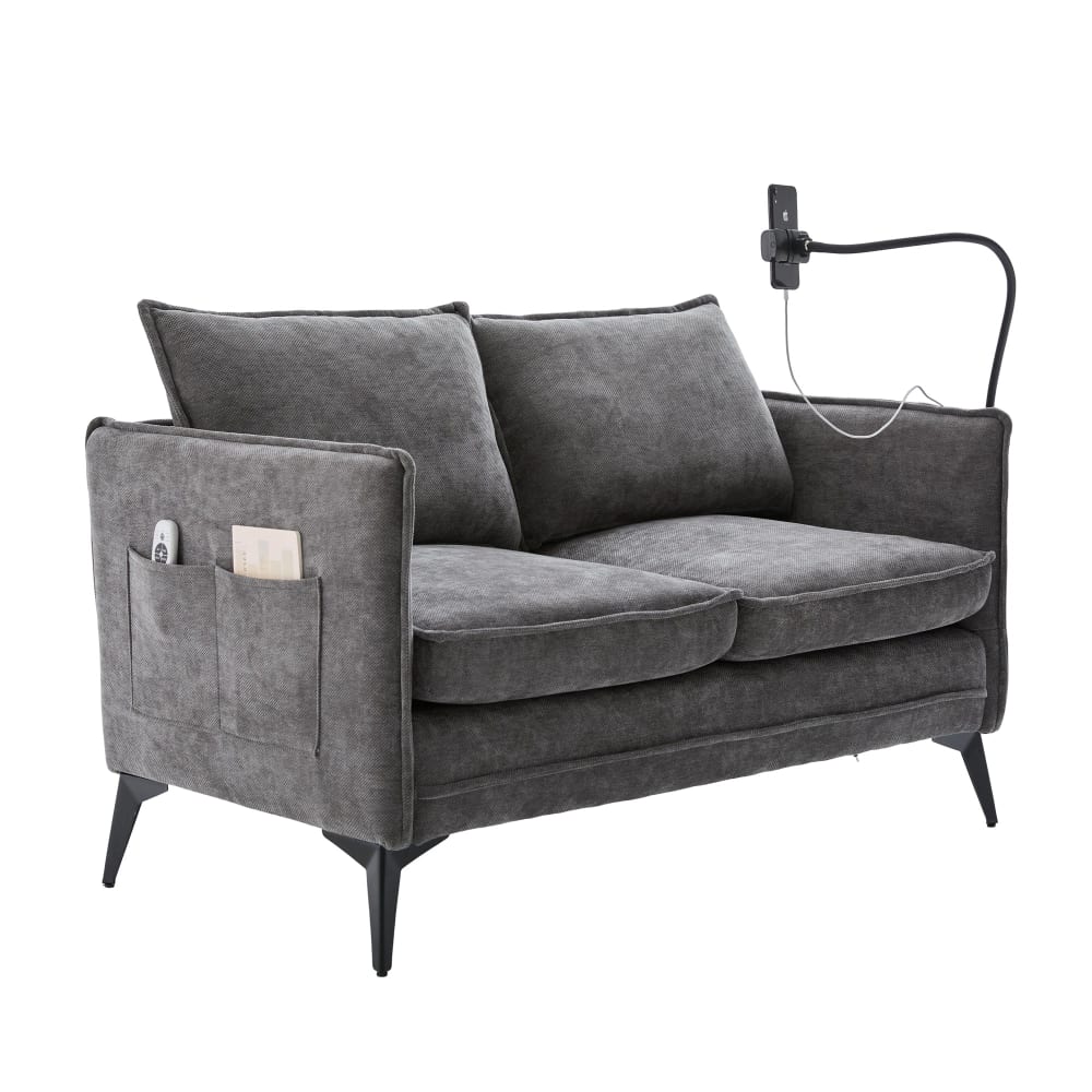 Canapé 2 places en tissu chenille gris avec support téléphone