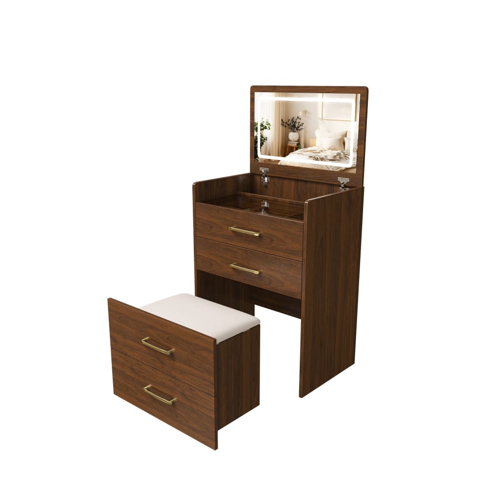 Coiffeuse effet noyer, miroir ouvert, 2 tiroirs tabouret