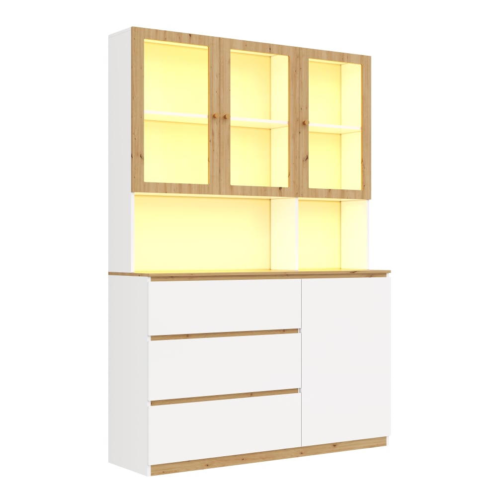 Vitrine haute blanc chêne avec éclairage LED bibliothèque