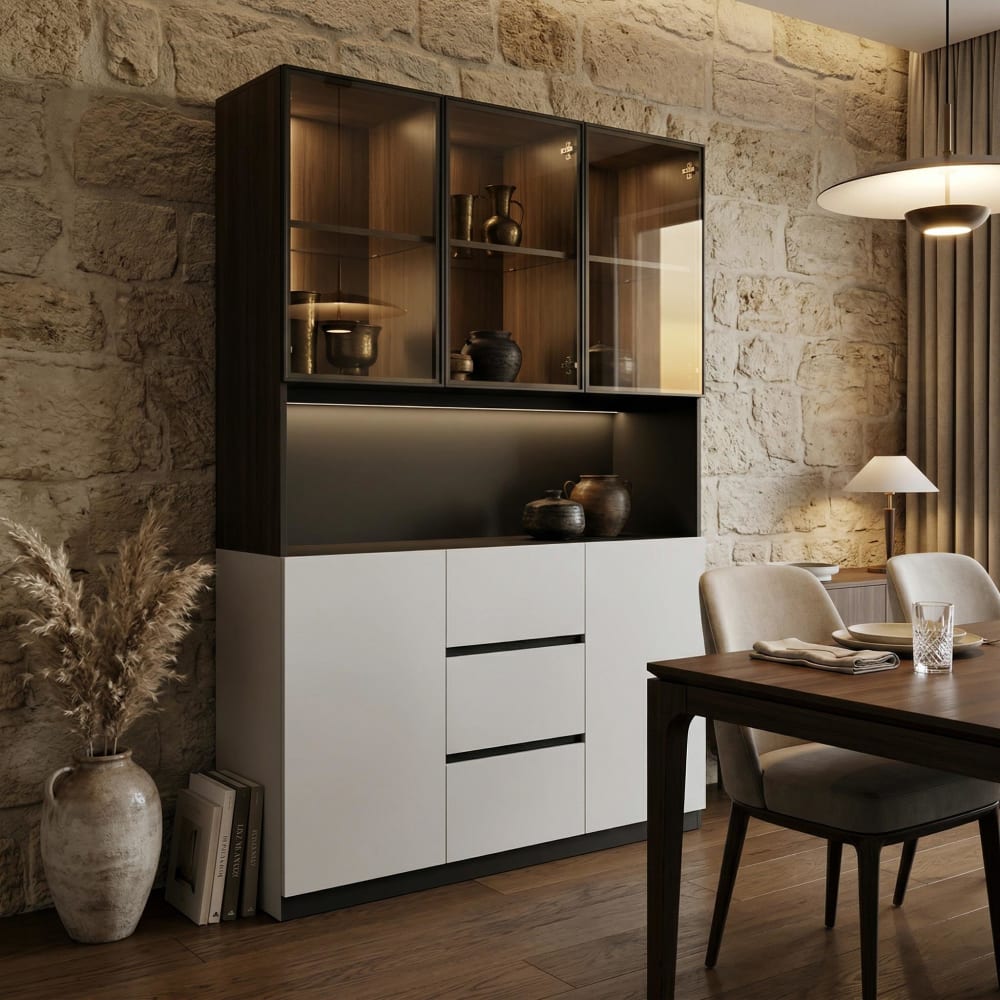 Vitrine haute noire 3 tiroirs en verre trempé avec éclairage LED