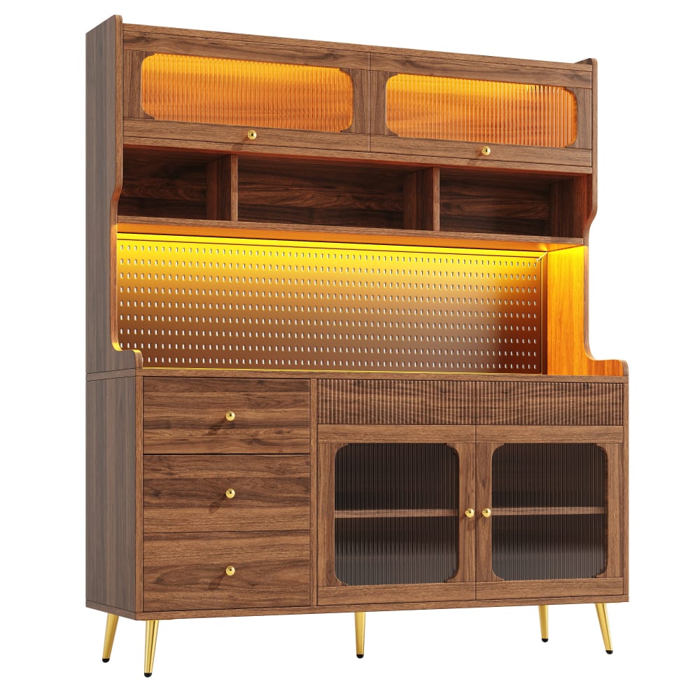 Vaisselier de cuisine effet noyer verre cannelé 2 portes avec LED