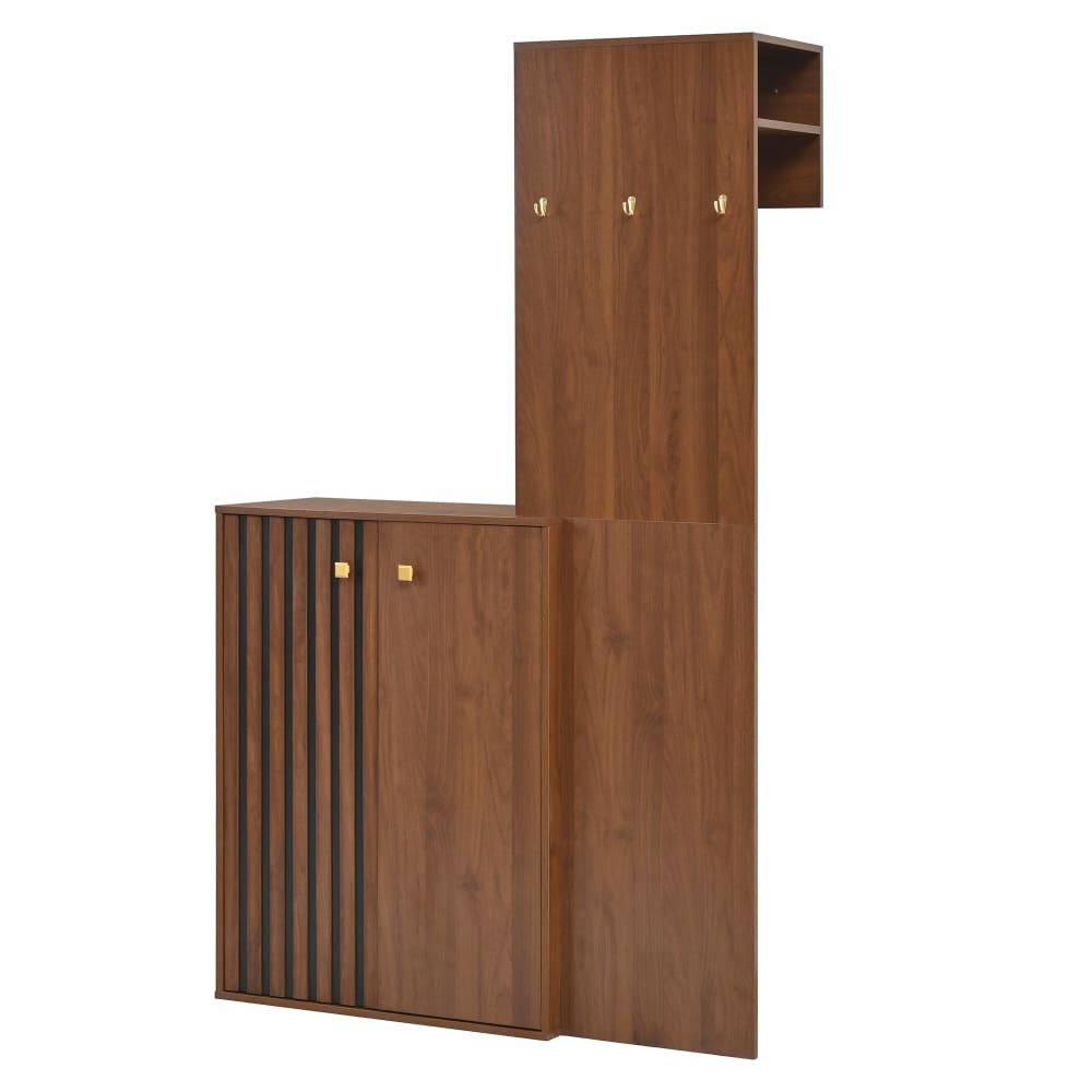 Vestiaire d'entrée effet bois noyer, penderie et meuble à chaussures