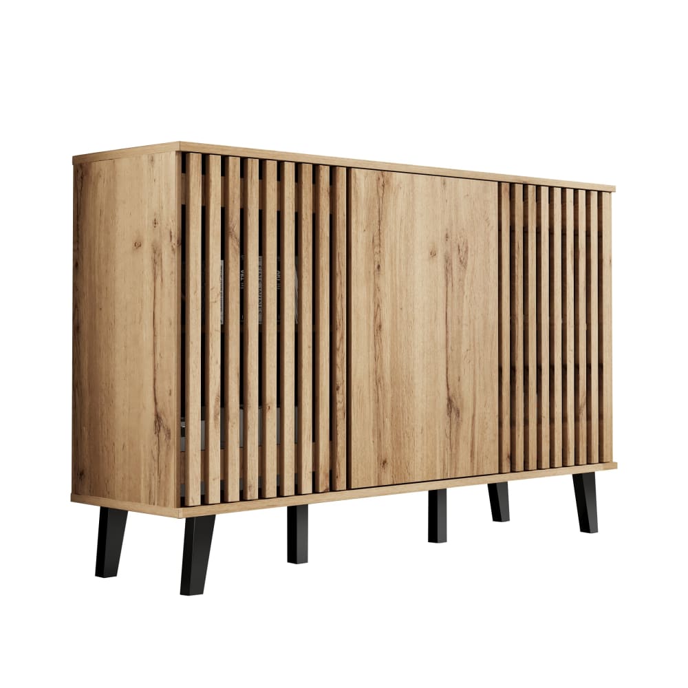 Buffet effet bois naturel design latté 3 portes, 6 compartiments