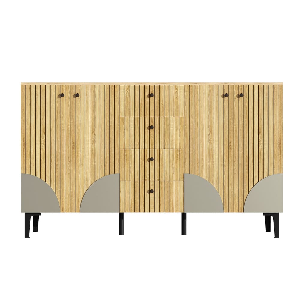 Buffet effet bois avec 4 portes cannelées 4 tiroirs 160x36x94cm