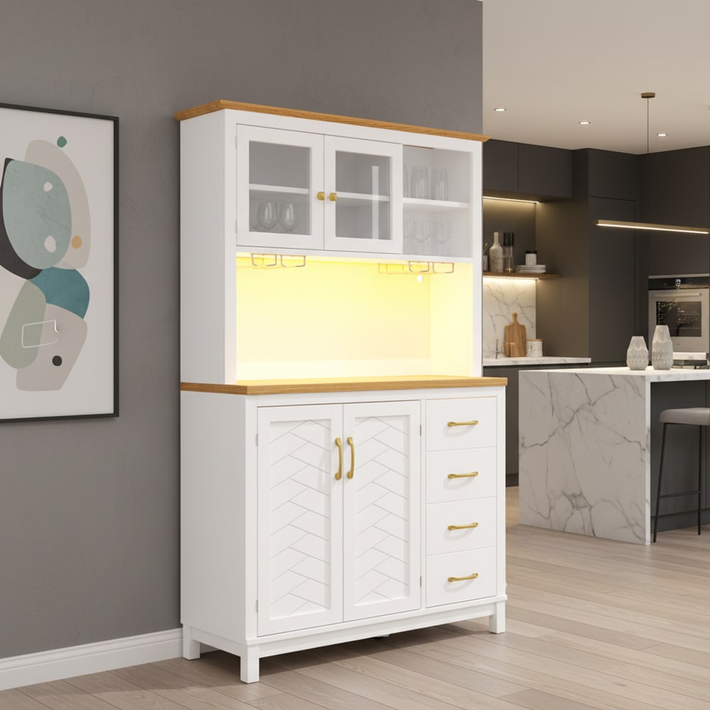 Vaisselier de cuisine effet bois et blanc vitrine avec éclairage LED