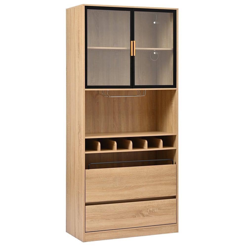 Vaisselier vitrine effet bois 2 tiroirs avec éclairage LED 180cm