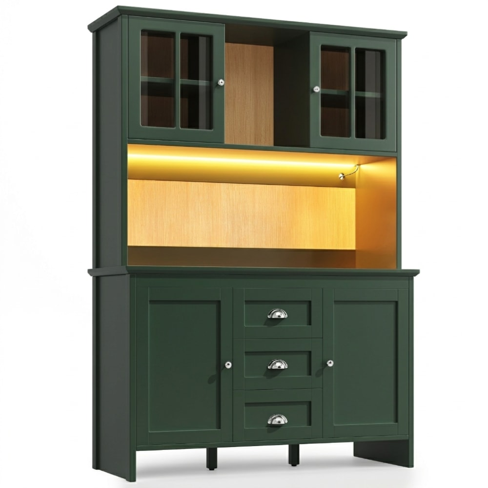 Buffet haut de cuisine vert, portes vitrées , LED