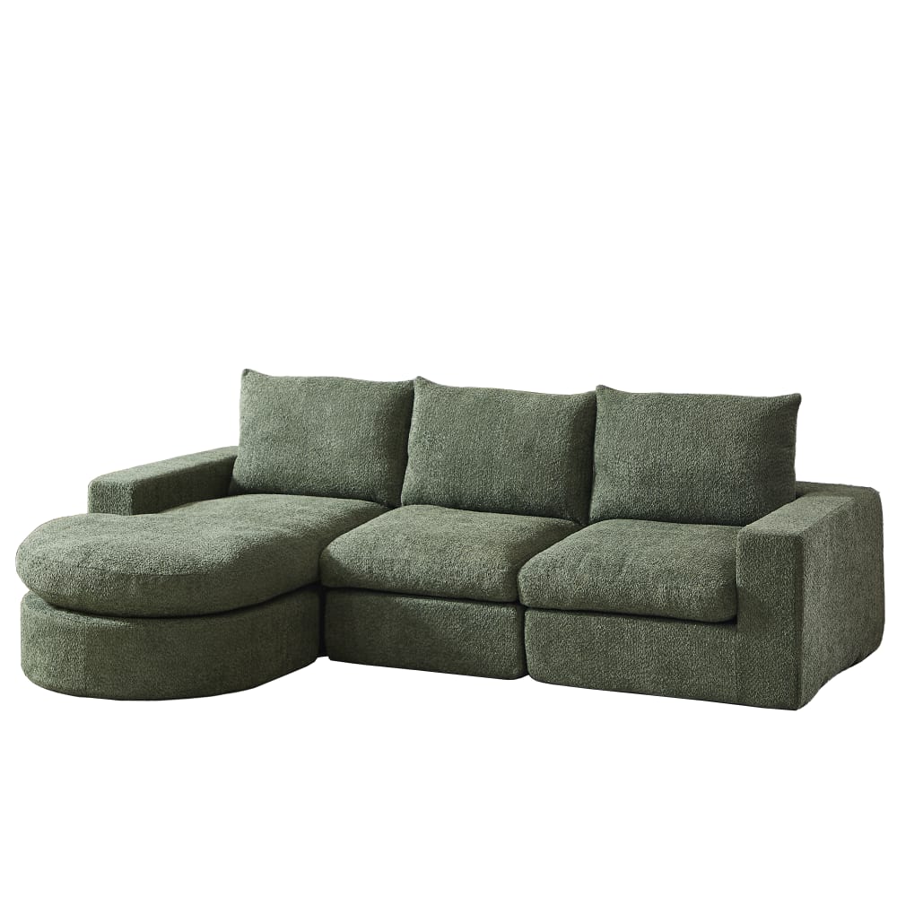 Canapé modulable 3 places en chenille vert avec méridienne