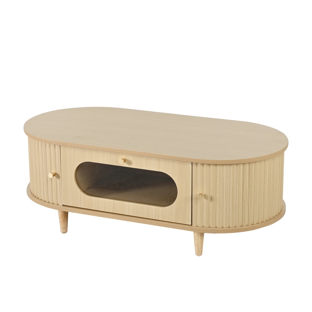 Table basse effet bois chêne 1 tiroir & portes coulissantes