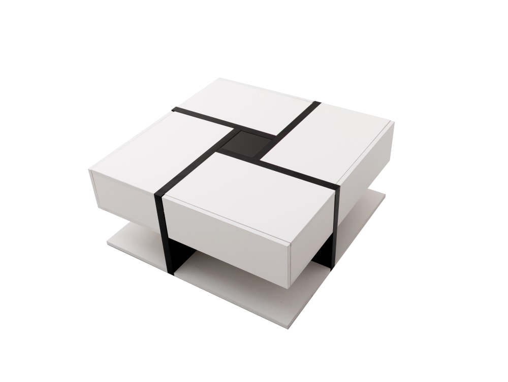 Table basse carrée brillant bicolore blanc et noir 4 tiroirs
