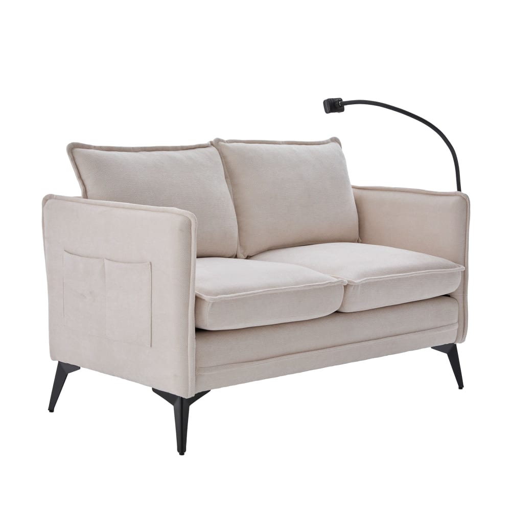 Canapé 2 places en tissu chenille beige avec support téléphone