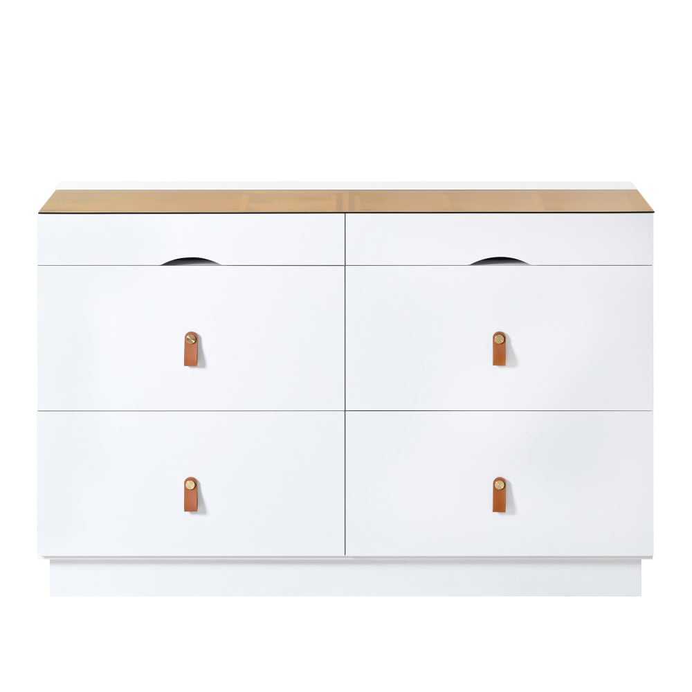 Buffet de chambre dressing blanc top vitré et poignées en cuir