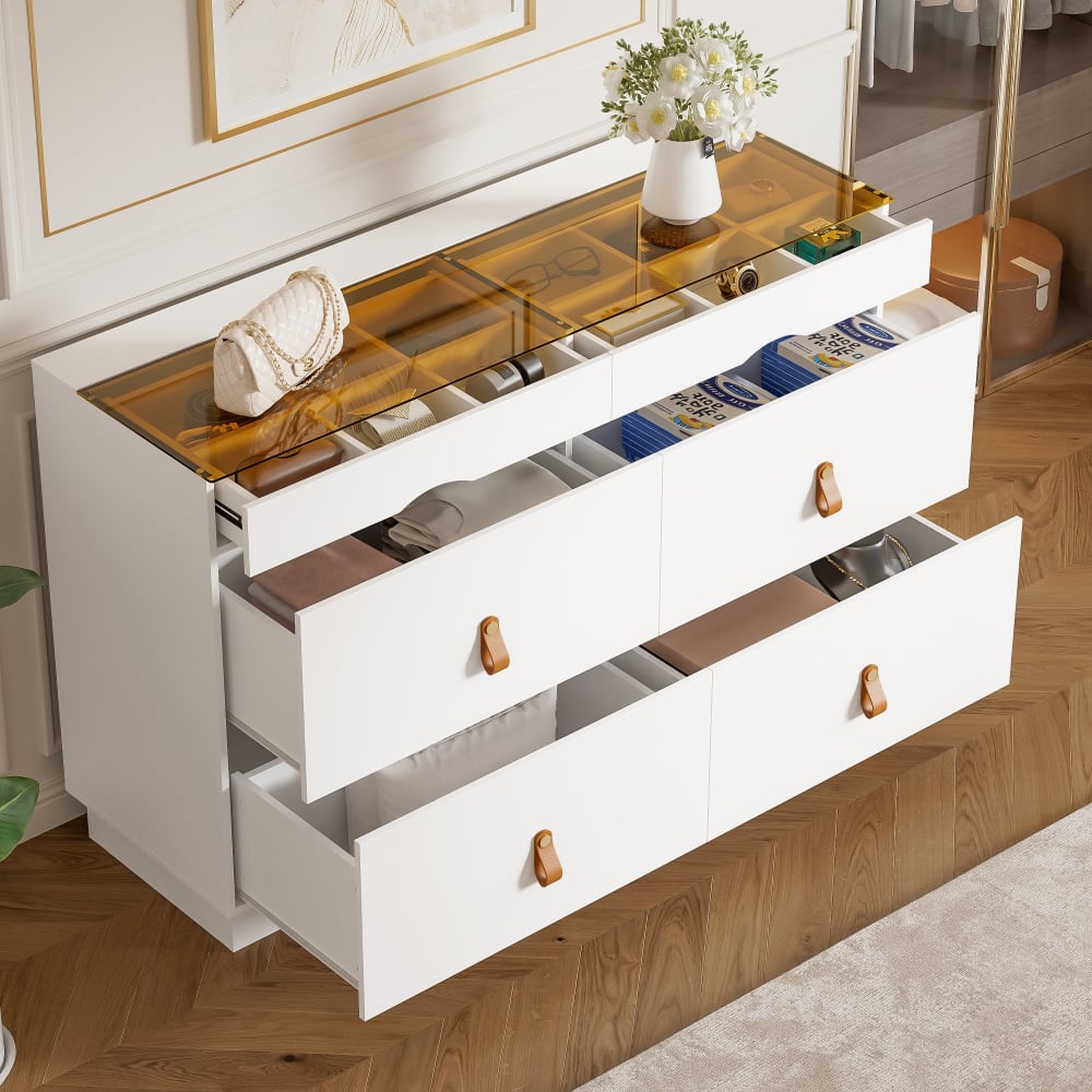 Sideboard Schlafzimmer , Glasaufsatz, Ledergriffe, Weiß - Maisons