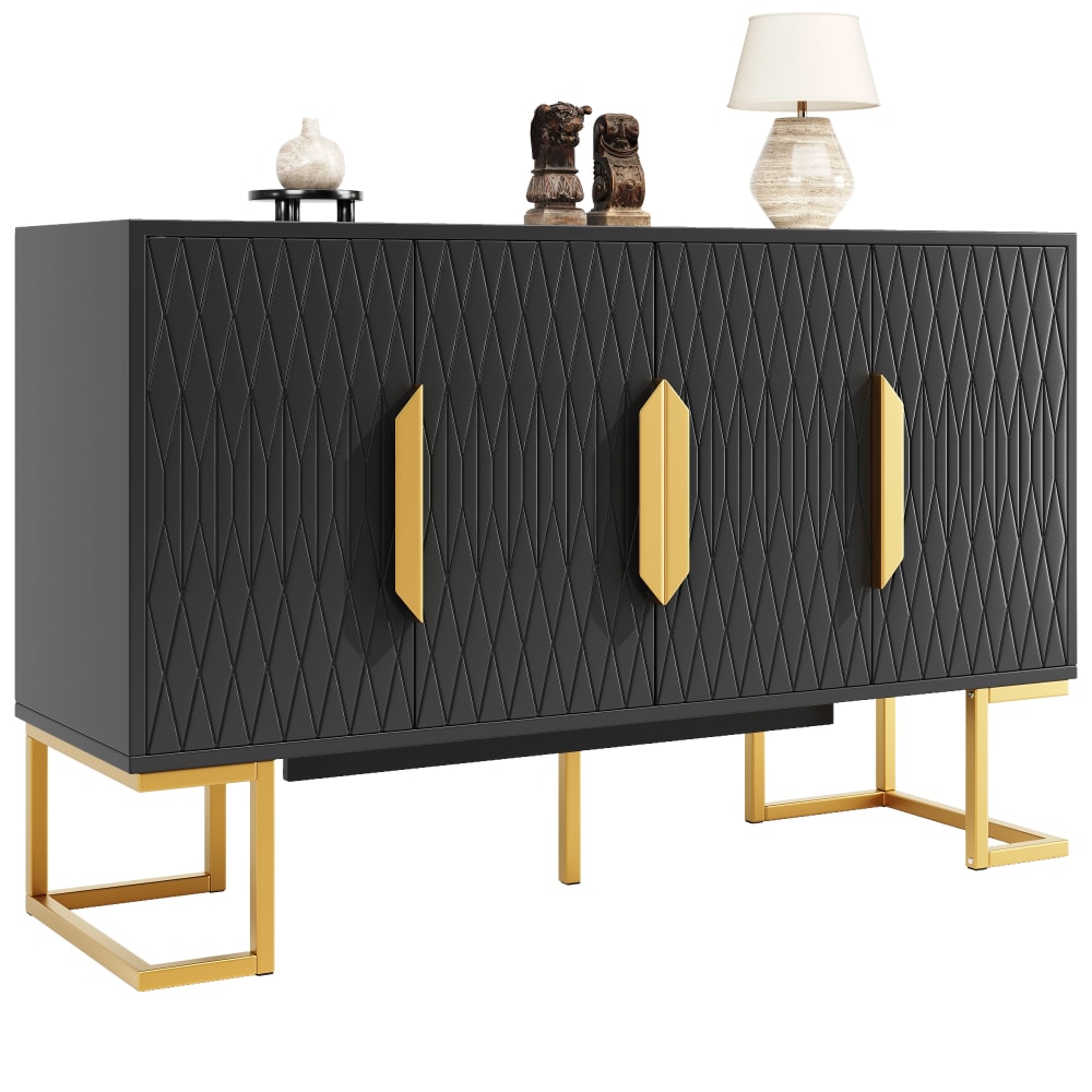 Buffet chic noir 4 portes avec motifs géométriques et détails dorés