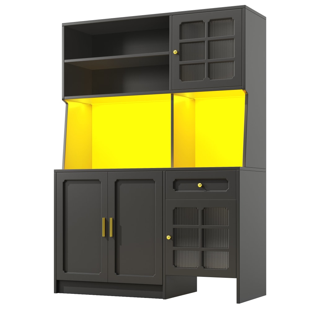Buffet haut noir en MDF avec portes vitrées, LED