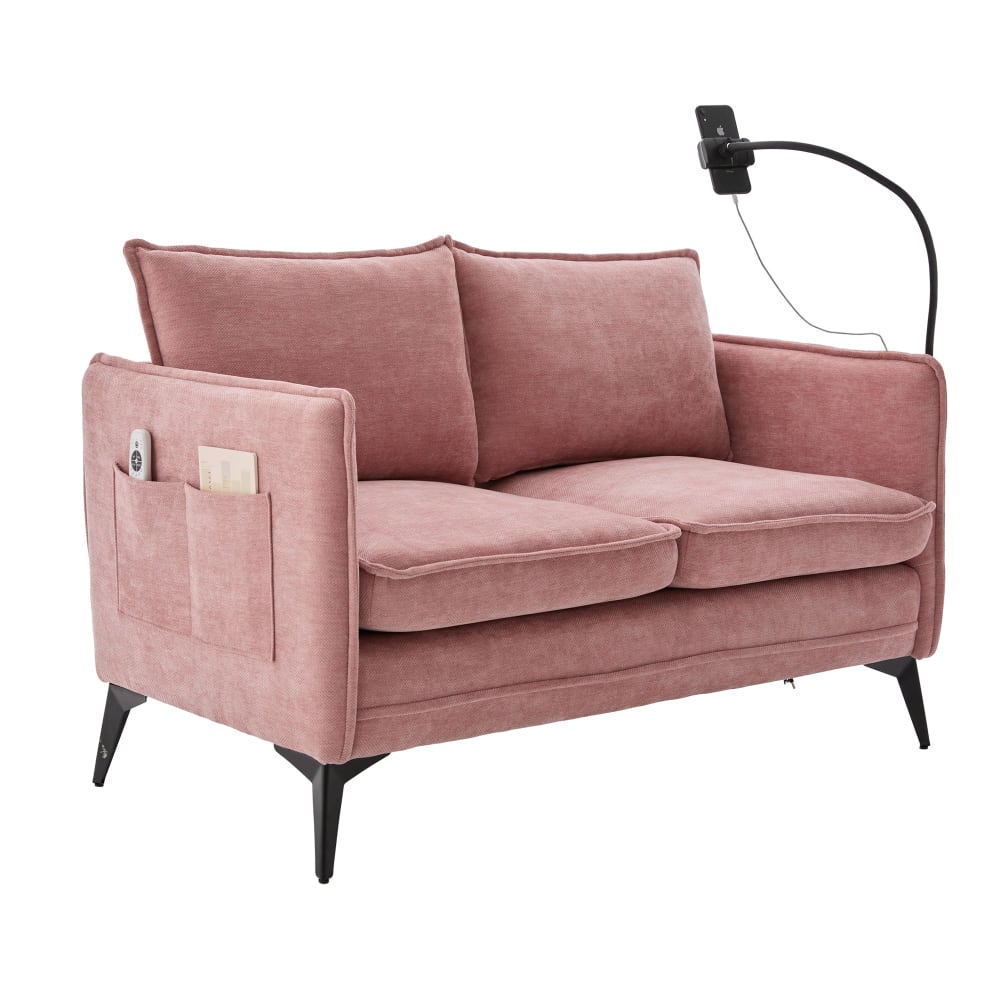 Canapé 2 places en tissu chenille rose avec support téléphone