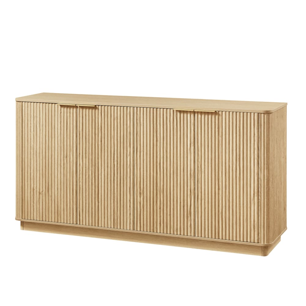 Buffet grand effet bois clair façade cannelée et finition dorée