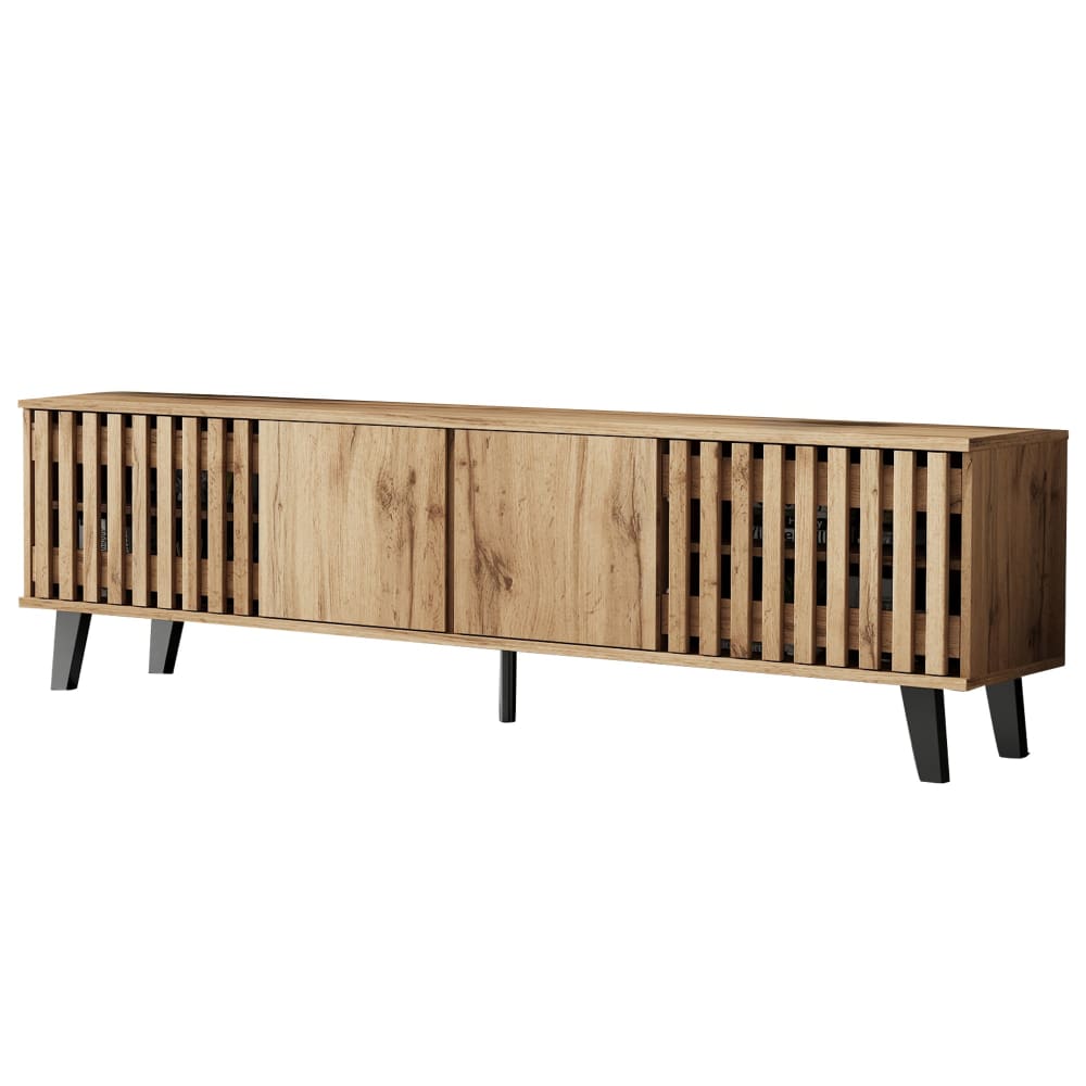Meuble TV effet bois naturel design latté 4 portes 8 compartiments