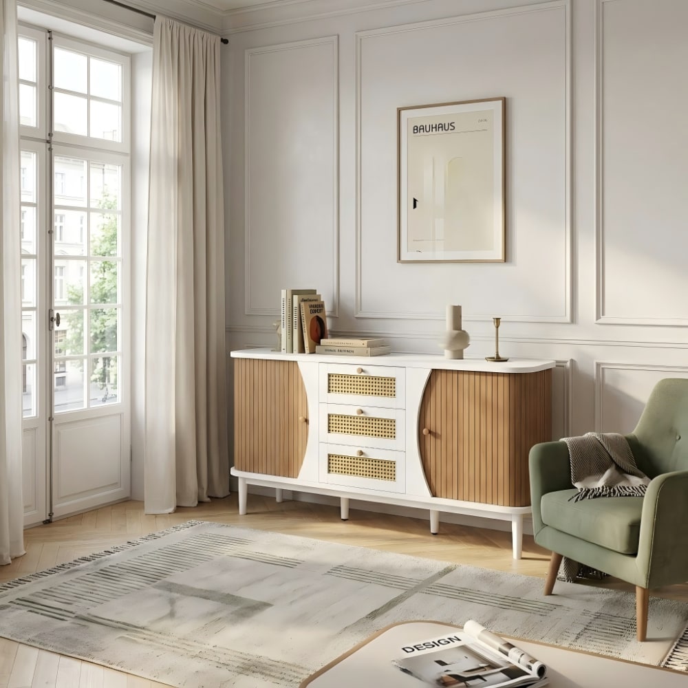 Sideboard 3 Schubladen Rattan 2 Schiebetüren, Weiß - Maisons Du