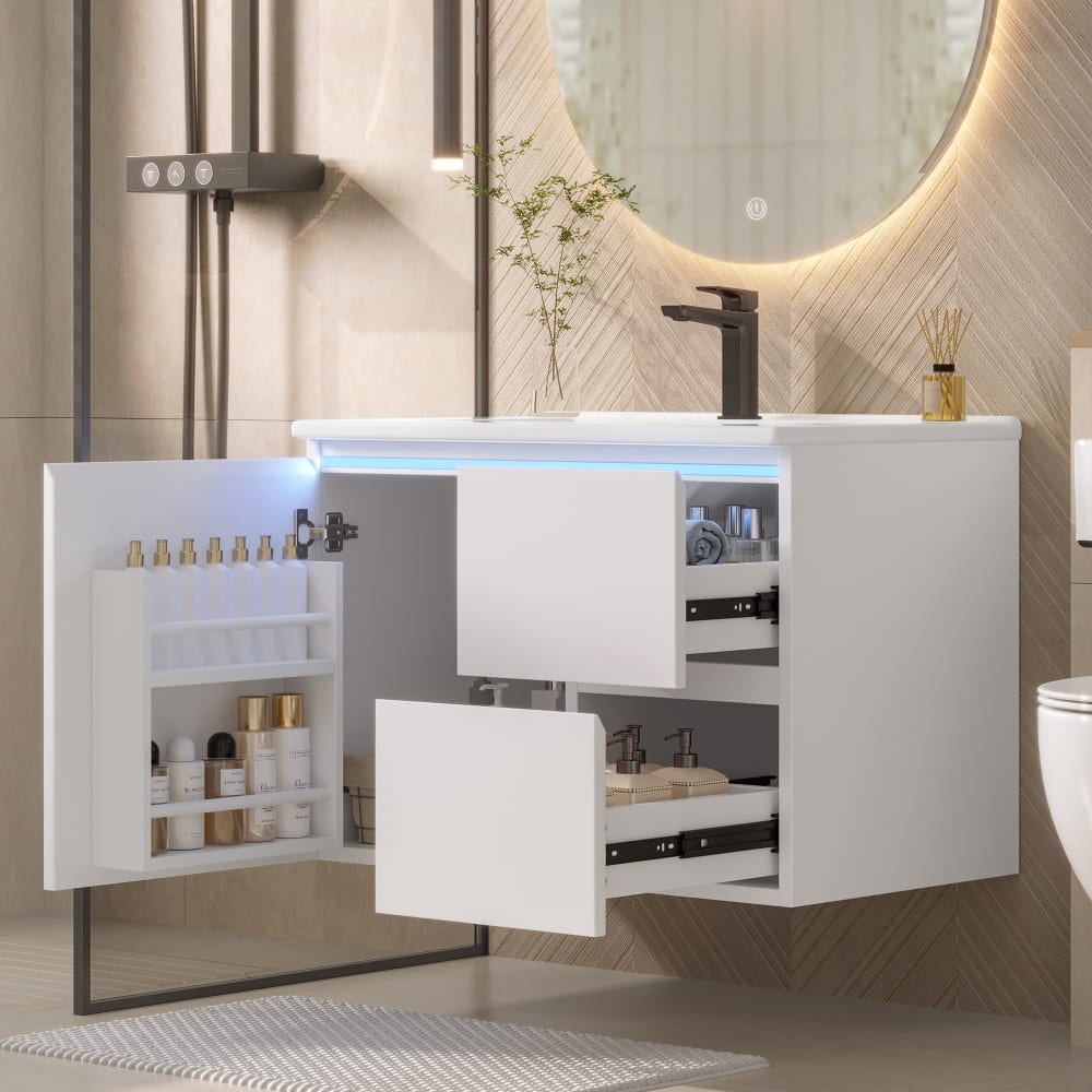 Waschbecken aus Keramik und MDF mit LED-Sensorlicht 76x46x50 cm,