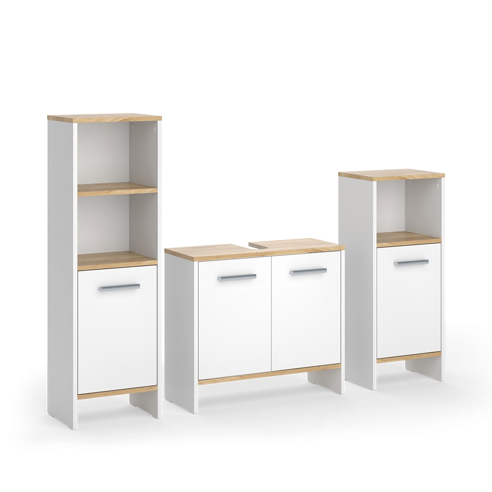 Vicco Badmöbel-Set 3-teilig Weiß/Goldkraft Eiche 65x57cm style modern Weiß Spanplatte