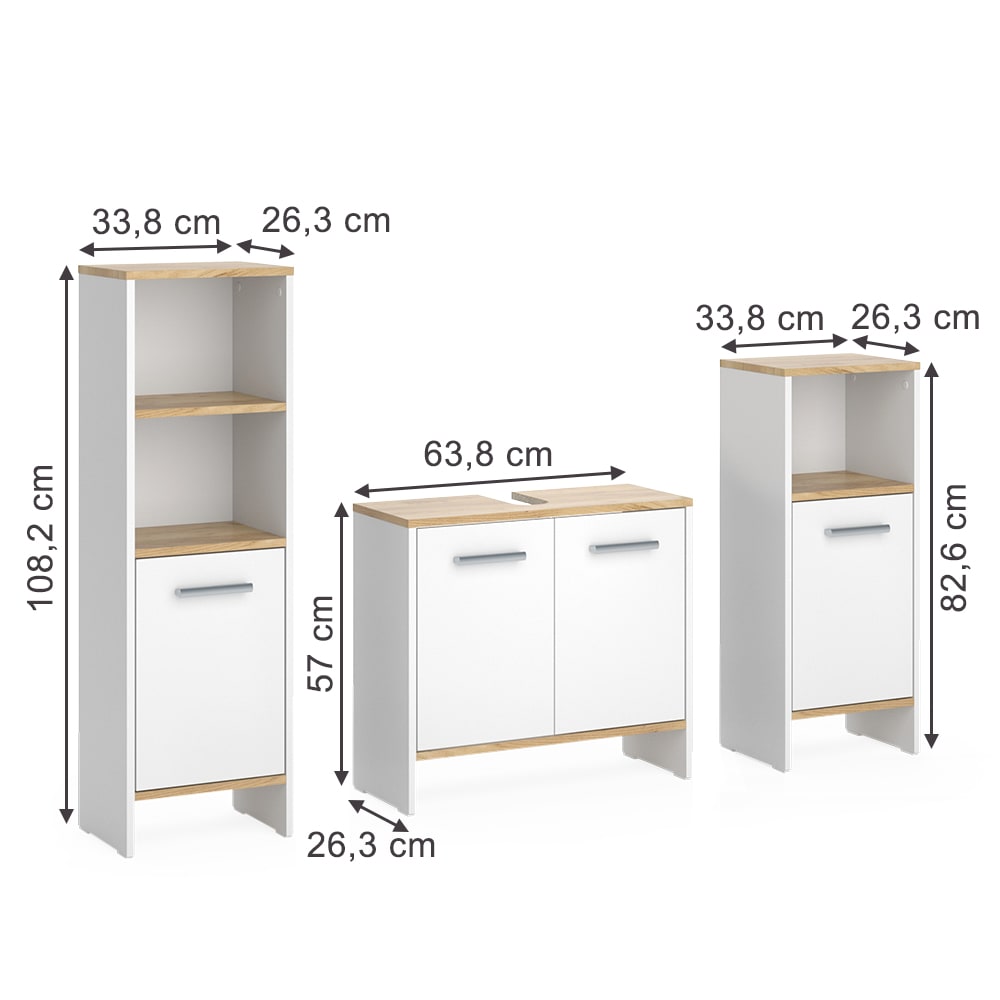 Badmöbel-Set 3-teilig Weiß/Goldkraft Eiche 65x57cm - Maisons Du