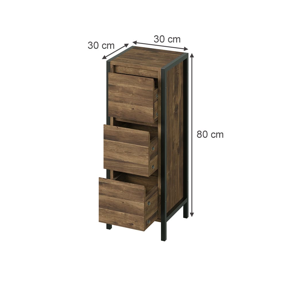 Midischrank mit 3 Schubladen Eiche/Schwarz 30x80cm - Maisons Du