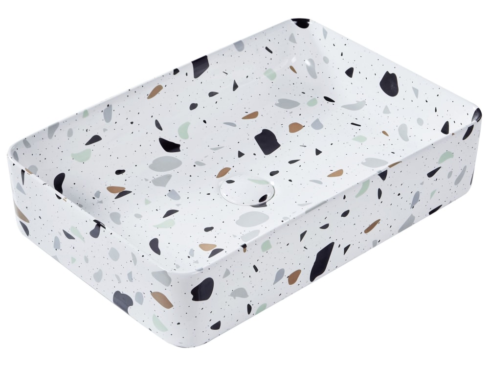 Beliani Aufsatzwaschbecken 61 x 35 cm Keramik Terrazzo Optik Weiß Weiß Keramik