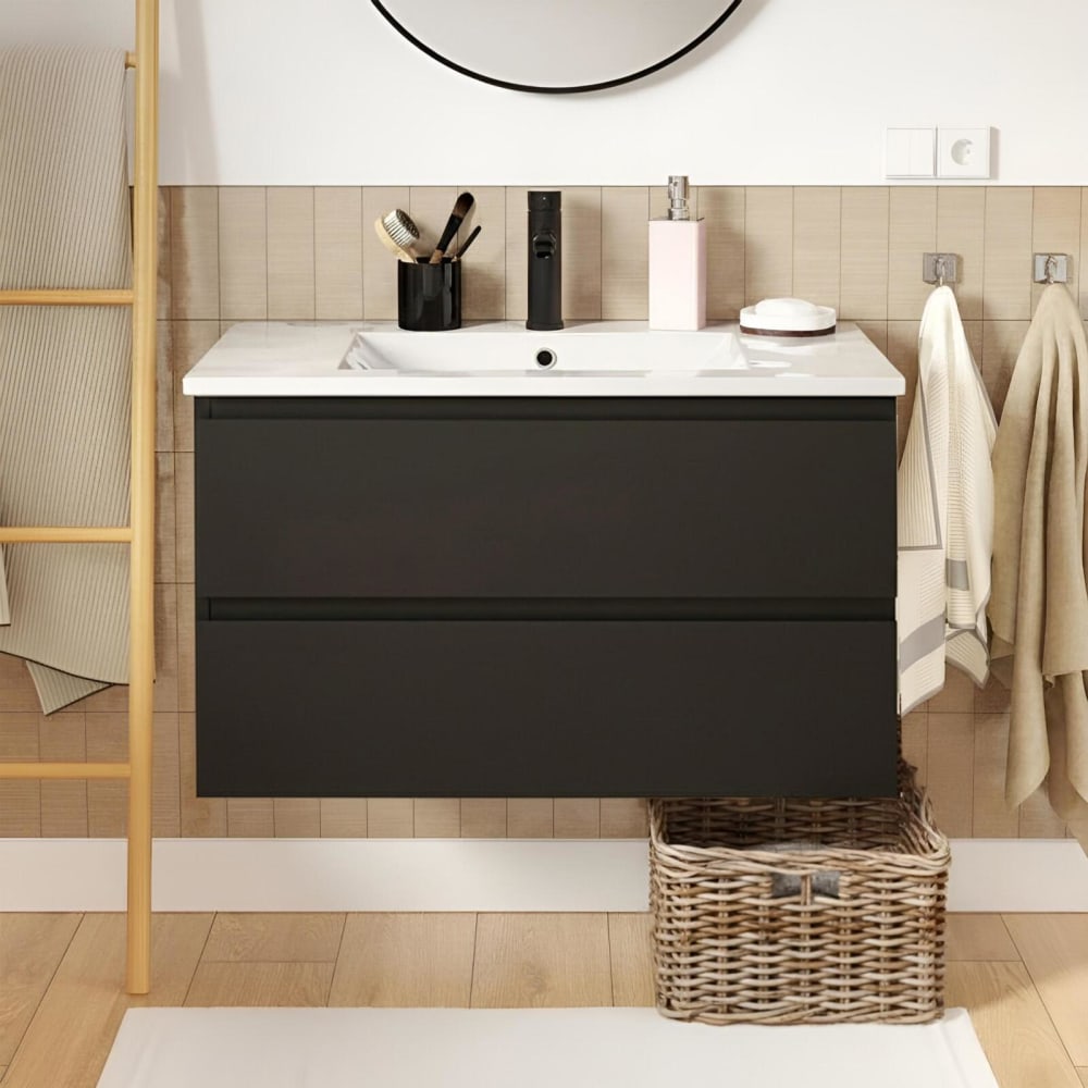 Einzelwaschtisch 80 cm, Eichenoptik, mit Waschbecken und Armatur
