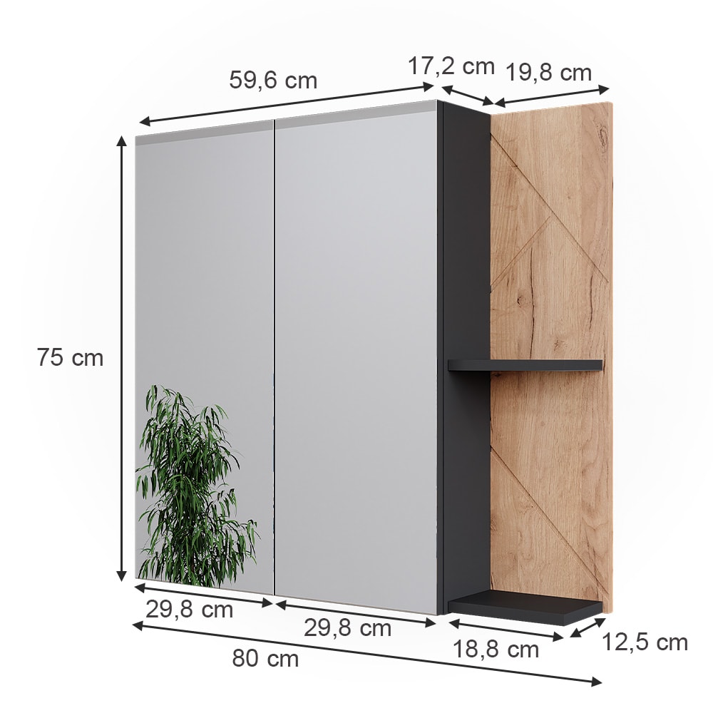 Badspiegelschrank  Anthrazit/Goldkraft Eiche 80x75cm - Maisons Du