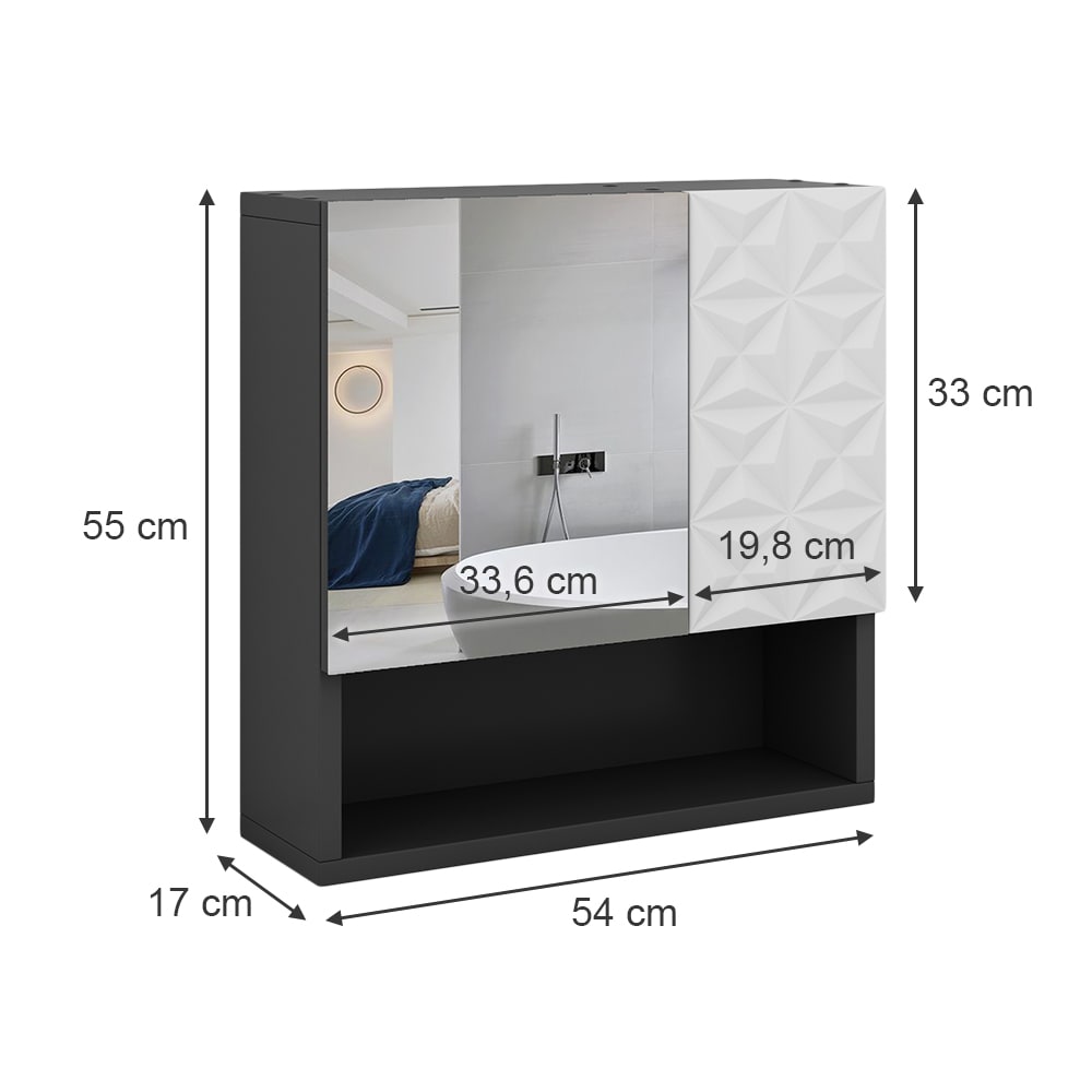 Badspiegelschrank mit Tür und offenen Fächern Schwarz 54x55cm -
