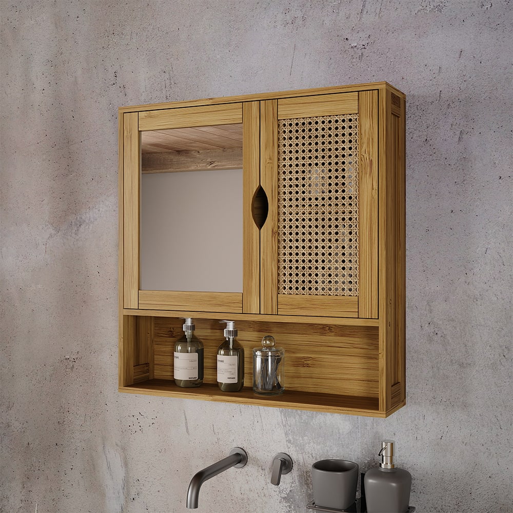 Badspiegelschrank mit Spiegel Bambus/Rattan 56x58cm - Maisons Du