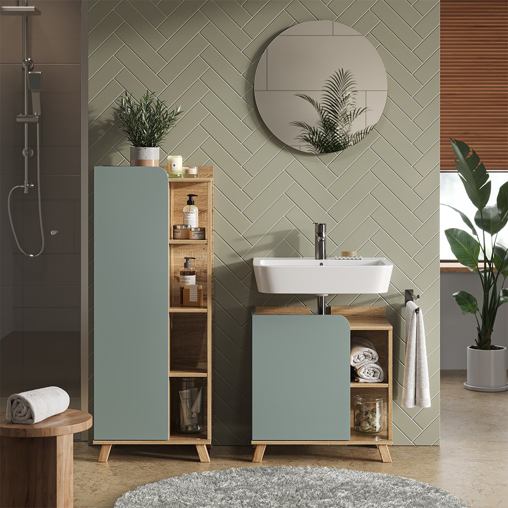 Midischrank mit Tür und offenen Fächern Sonoma/Blau 50x128cm -