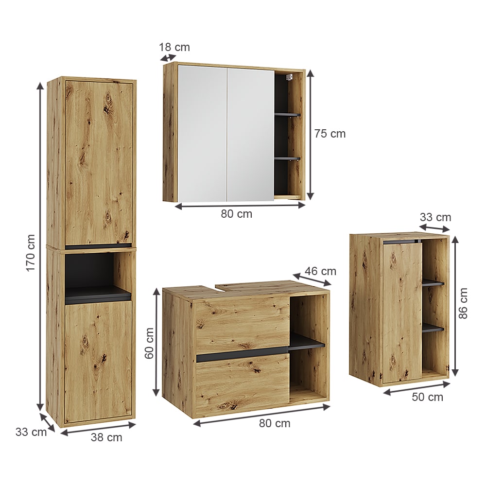 Badmöbel-Set 4-teilig Artisan-Eiche/Grau 80x60cm - Maisons Du