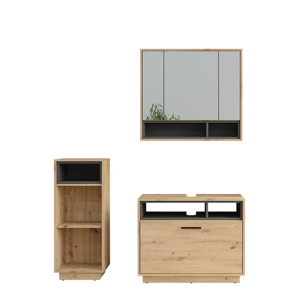 Vicco Badmöbel-Set 3-teilig Artisan-Eiche/Anthrazit 80x64cm style modern Braun Spanplatte