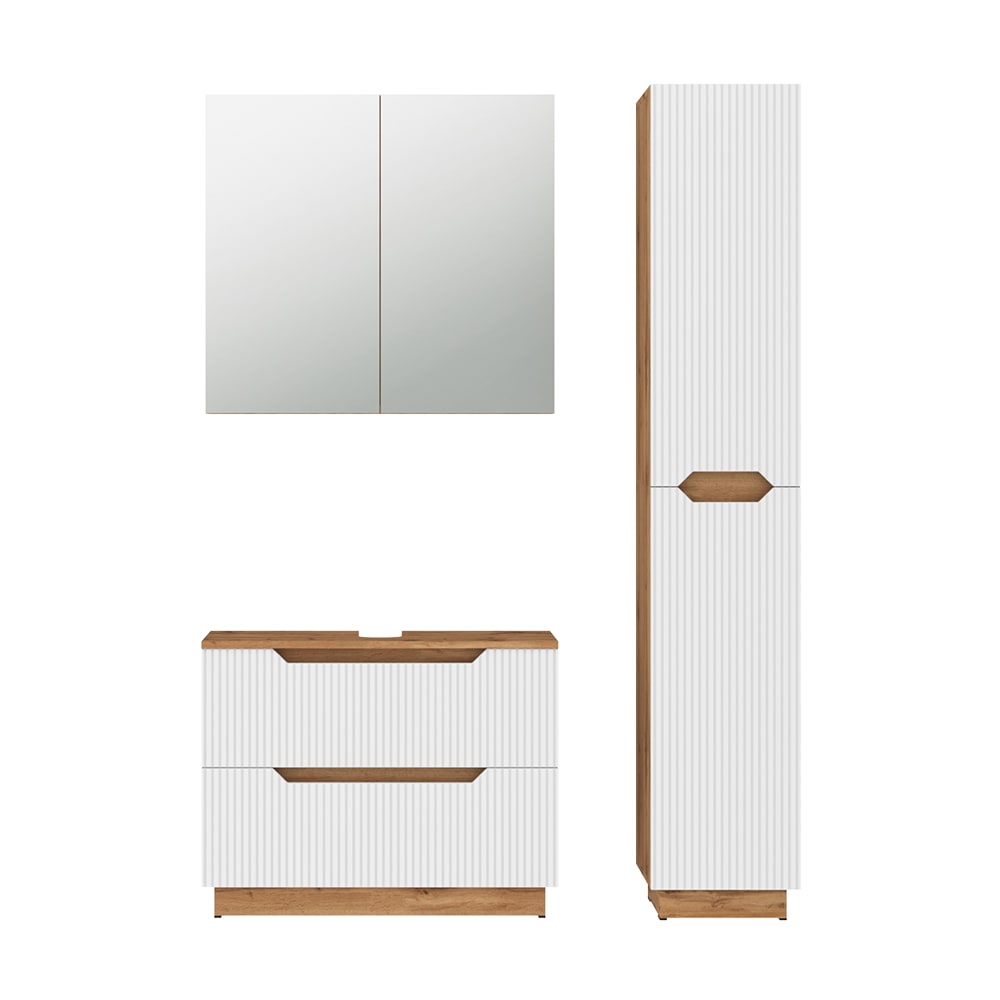 Meubles bain 3 pièces chêne/blanc rayé 79.6x62.5cm Meubles bain 3 pièces chêne/blanc rayé 79.6x62.5cm
