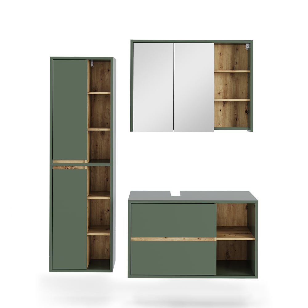 Vicco Badmöbel-Set 3-teilig Grün/Artisan-Eiche 100x60cm style modern Grün Spanplatte