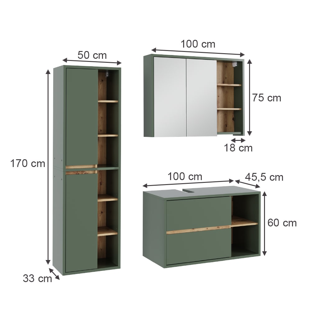 Badmöbel-Set 3-teilig Grün/Artisan-Eiche 100x60cm - Maisons Du