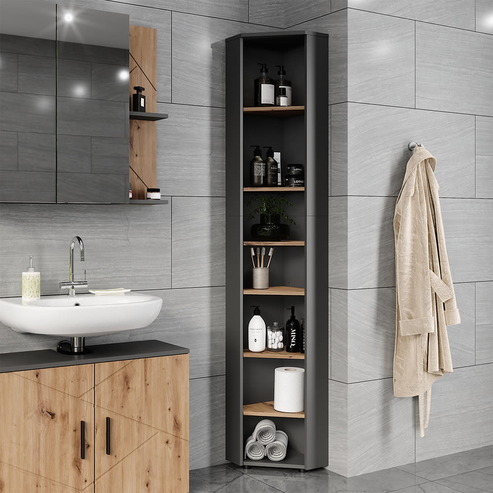 Eckhochschrank 7 Fächer Anthrazit/Goldkraft Eiche 33x192cm -