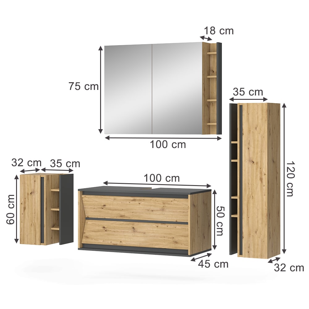 Badmöbel-Set 4-teilig Anthrazit/Artisan-Eiche 100x50cm - Maisons
